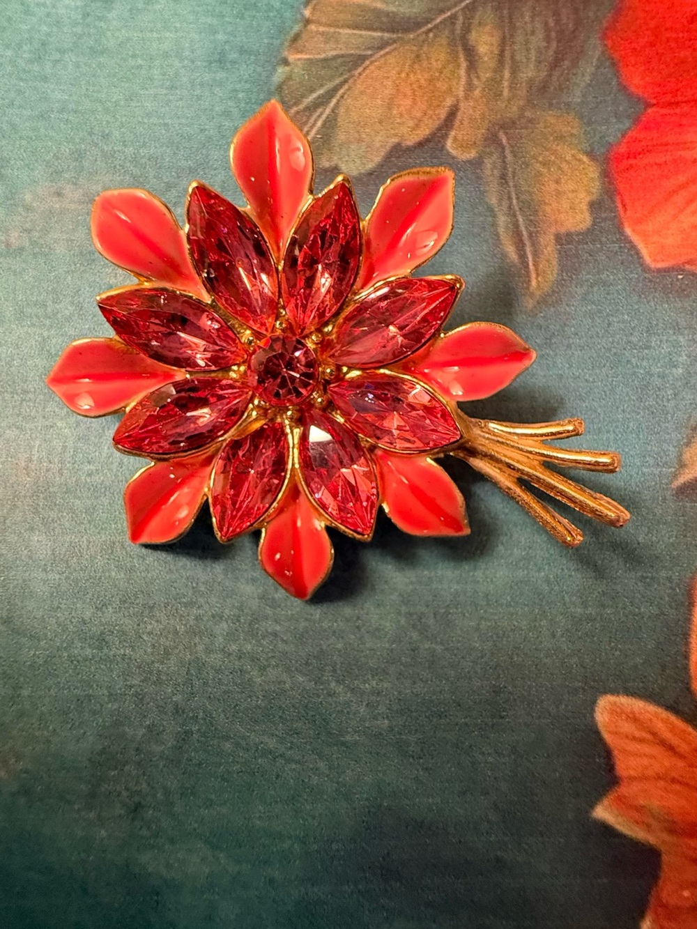 Elegant Red Floral Crystal Brooch -